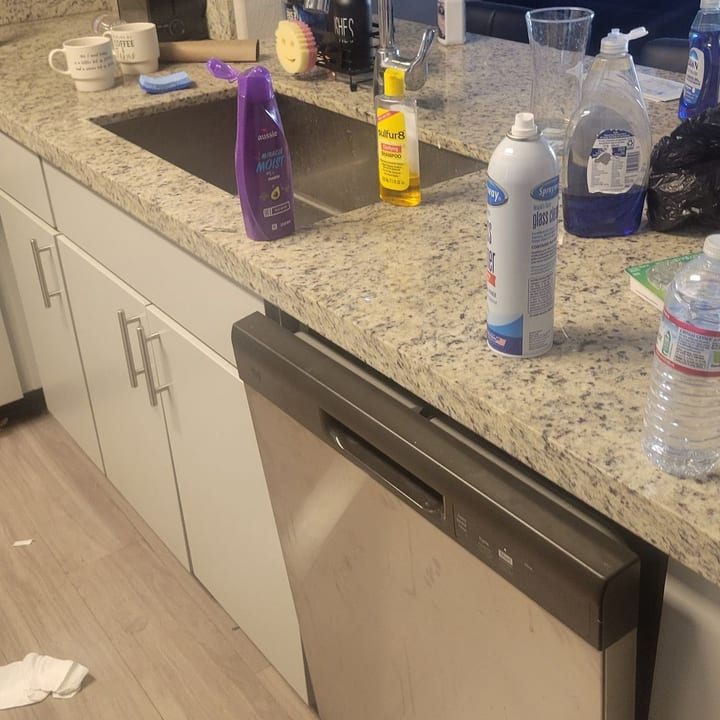 Kitchen sink and granite counter during a cleaning visit, with the cleaning products in use