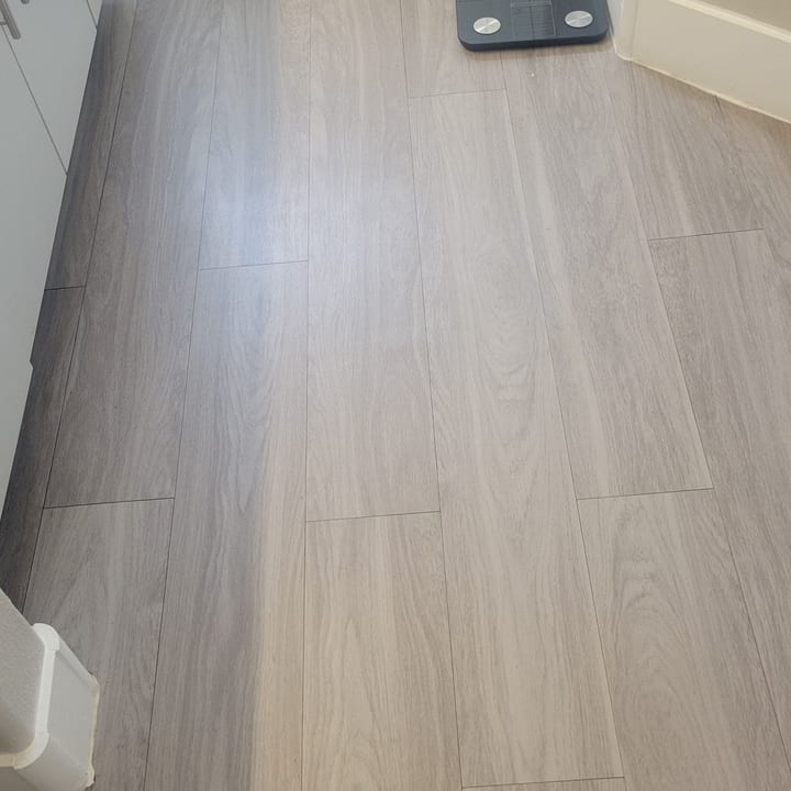 Wood-look tile floor after mopping